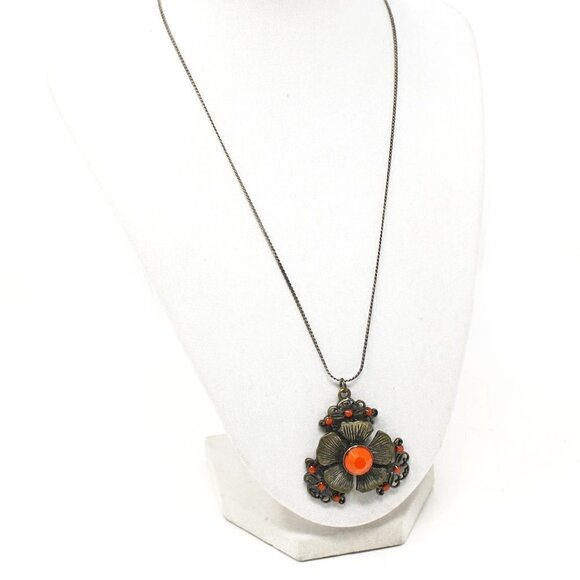 Vintage Pendant Necklace Chain w Fancy Flower Orange Bead Accent - Hey Viv - Picture 4 of 5